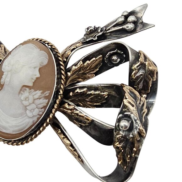 Vintage Hobe? Carved Shell Cameo Ribbon Brooch Sterling Silver 14K GF Tested - Picture 7 of 16